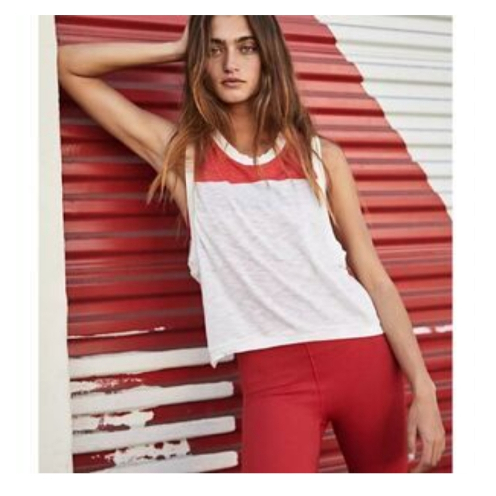 Free People White and Red Colorblock Muscle Tank